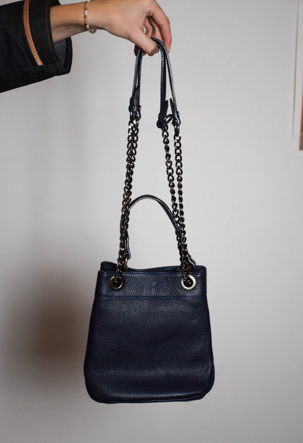 Navy leather metallic chain adjustable hand bag