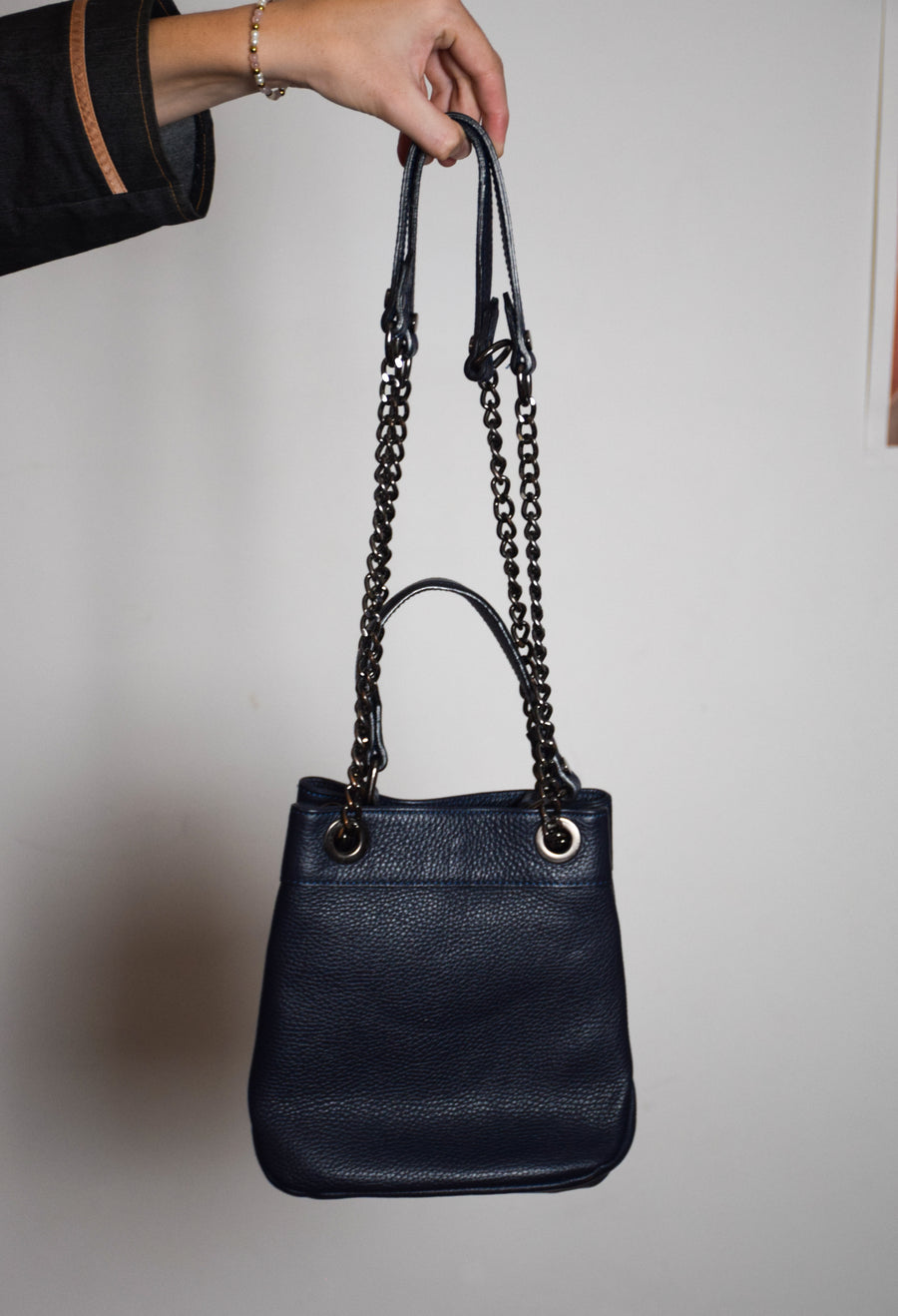 Navy leather metallic chain adjustable hand bag