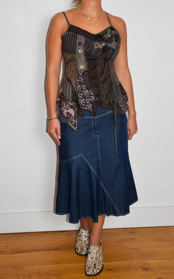 Two toned knee length denim skirt