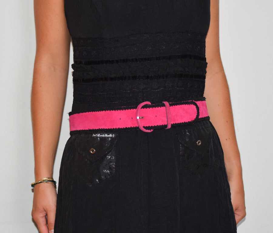 Pink suede belt with black lace detailing