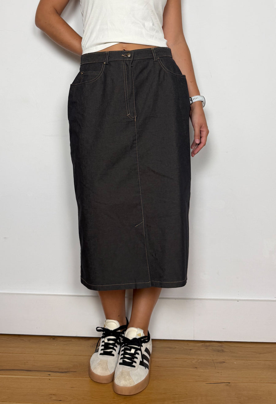 Dark-wash denim midi skirt
