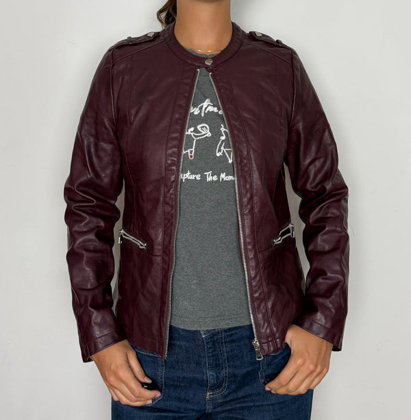 Burgundy faux-leather biker jacket