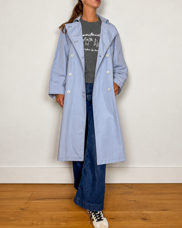 Powder blue belted trench coat