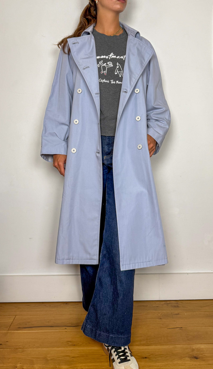 Powder blue belted trench coat