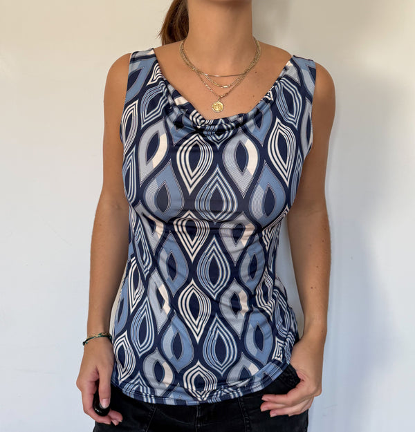 Blue print cowl neck short sleeve top