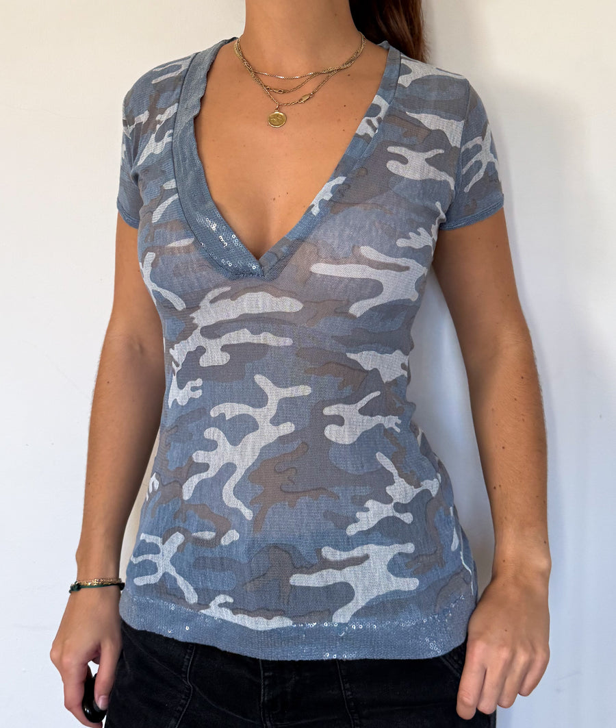 Blue military print sparkly top