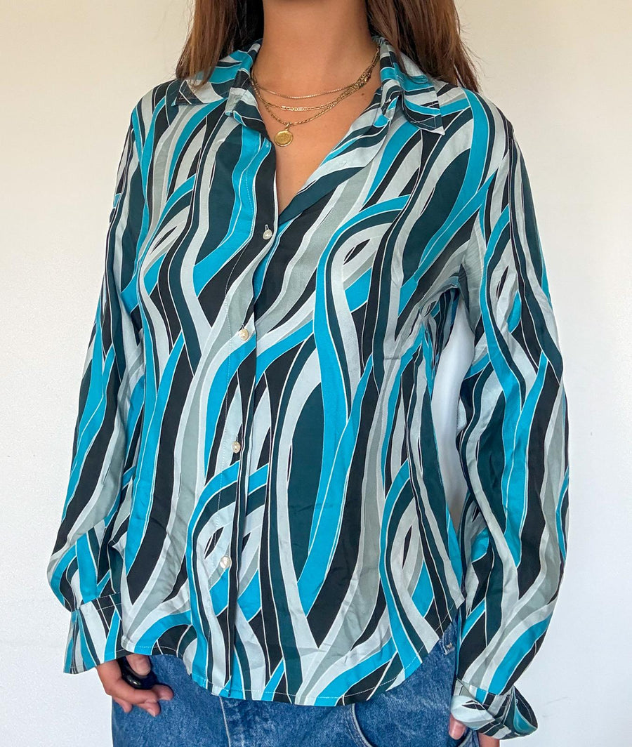 Blue silk long sleeve top